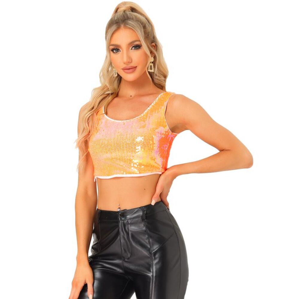 Metallic Sequin Crop Top Sparkle Glitter Sleeveless Party Club Tank Top Orange